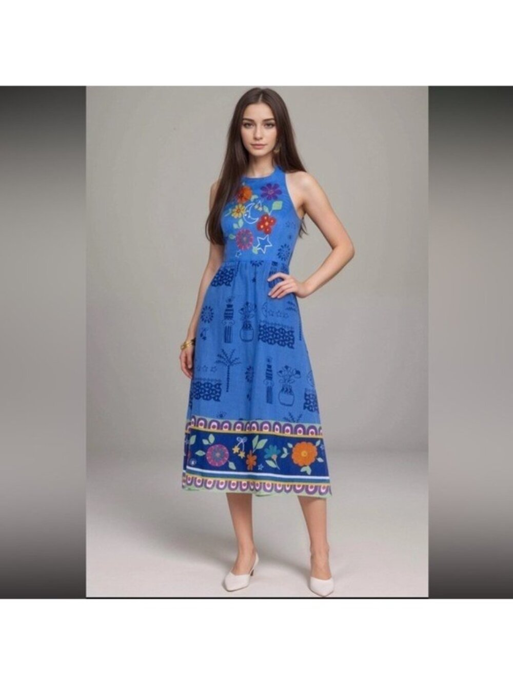 JOHNNY WAS JADE Zahar Tea Length Linen Dress Niccola Boho Print Size XL NEW - Picture 4 of 12